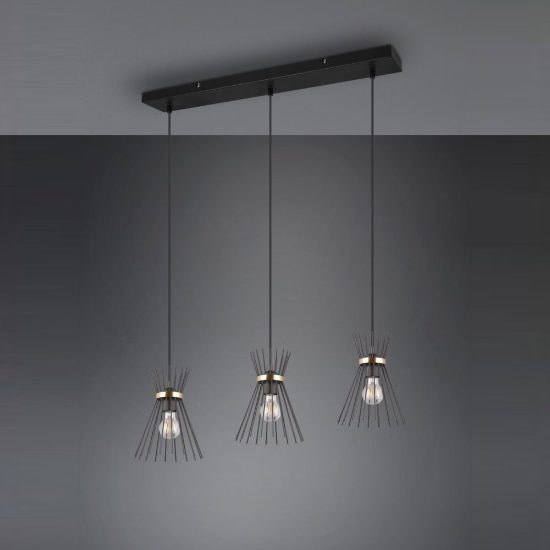 Lampadario a sospensione con 3 pendenti per cucina moderno a bacchette nero oro