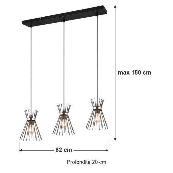 Lampadario a sospensione con 3 pendenti per cucina moderno a bacchette nero oro