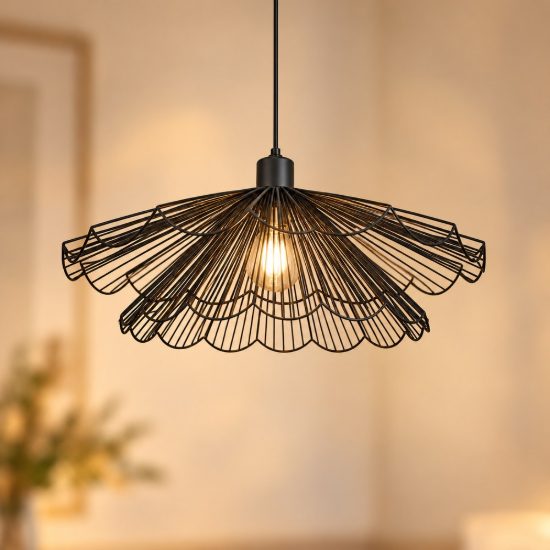 Lampadario a sospensione per sala da pranzo moderno nero a ventaglio con doppio diffusore