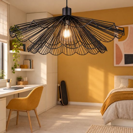 Lampadario a sospensione per sala da pranzo moderno nero a ventaglio con doppio diffusore