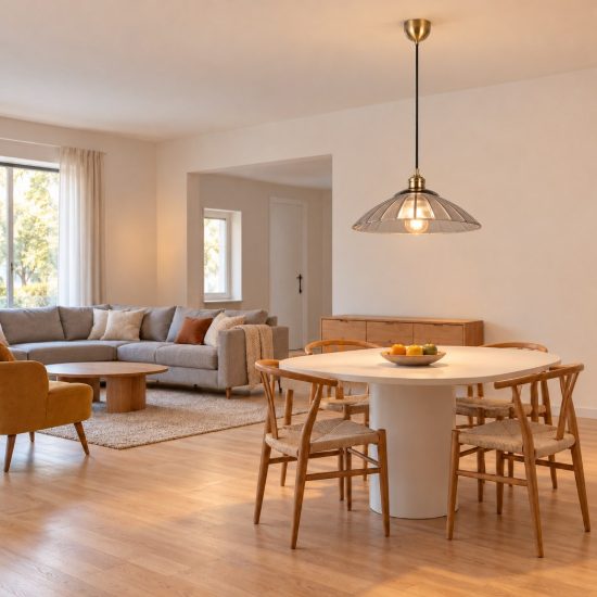Lampadario a sospensione per sala da pranzo ottone satinato con vetro lavorato trasparente