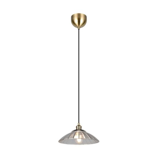 Lampadario a sospensione per sala da pranzo ottone satinato con vetro lavorato trasparente