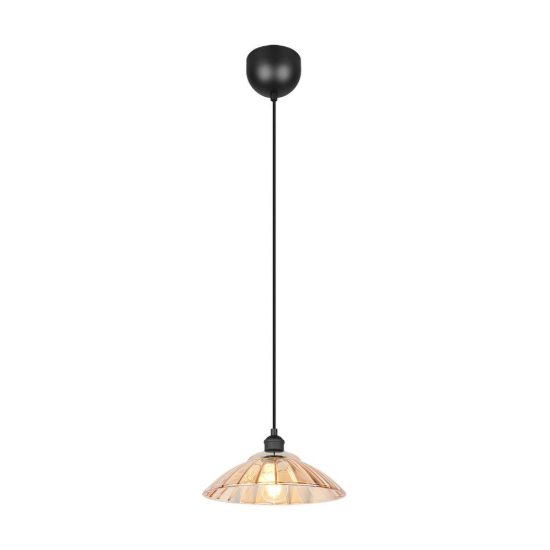 Lampadario a sospensione per sala da pranzo nero con vetro lavorato ambra