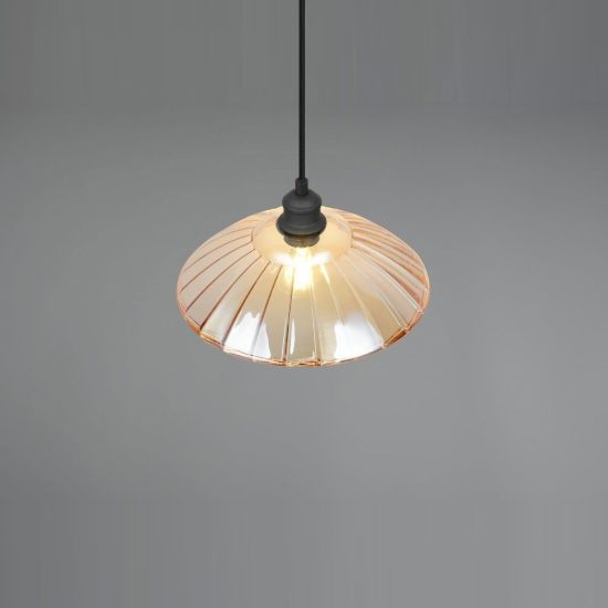 Lampadario a sospensione per sala da pranzo nero con vetro lavorato ambra