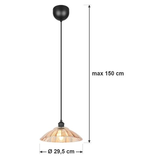 Lampadario a sospensione per sala da pranzo nero con vetro lavorato ambra