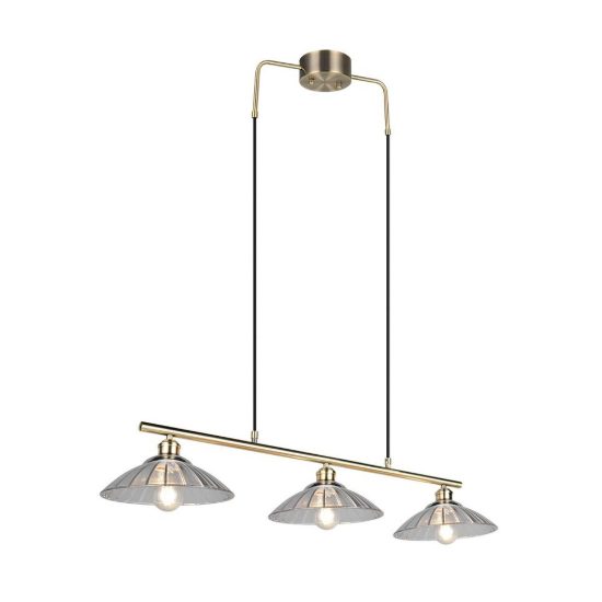 Lampadario a sospensione 3 luci per sala da pranzo ottone satinato con vetri lavorati trasparenti