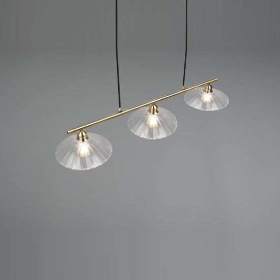 Lampadario a sospensione 3 luci per sala da pranzo ottone satinato con vetri lavorati trasparenti