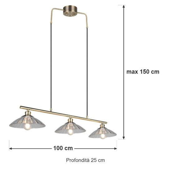 Lampadario a sospensione 3 luci per sala da pranzo ottone satinato con vetri lavorati trasparenti