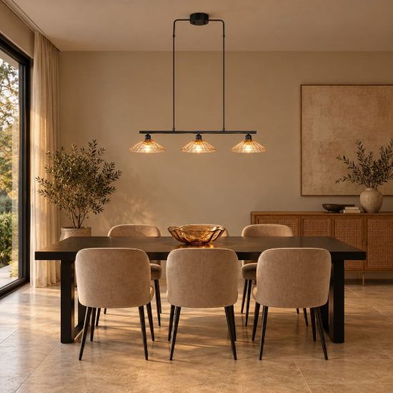 Lampadario a sospensione 3 luci per sala da pranzo nero con vetri lavorati ambra