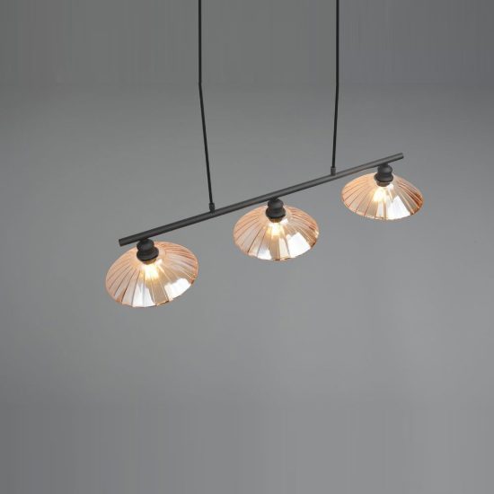 Lampadario a sospensione 3 luci per sala da pranzo nero con vetri lavorati ambra