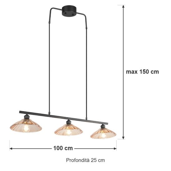 Lampadario a sospensione 3 luci per sala da pranzo nero con vetri lavorati ambra