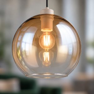 Lampadario a sospensione per sala da pranzo moderno sferico in vetro ambra con montatura beige caldo