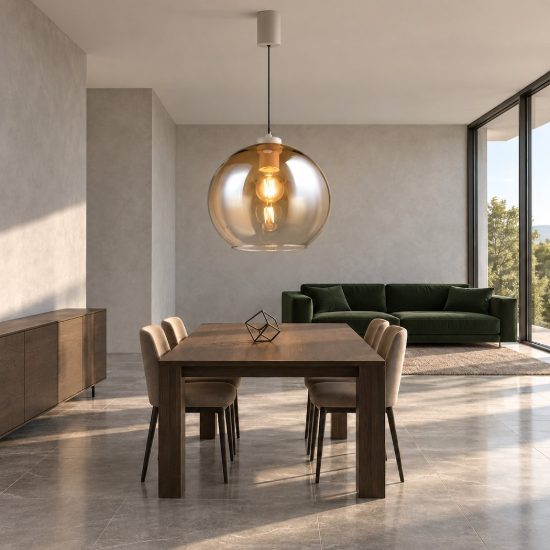 Lampadario a sospensione per sala da pranzo moderno sferico in vetro ambra con montatura beige caldo