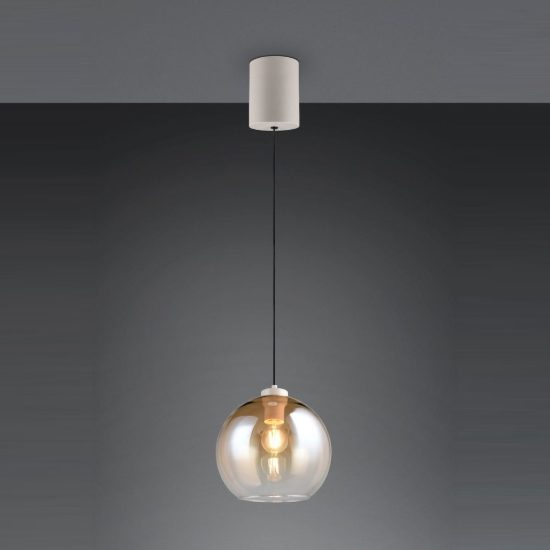 Lampadario a sospensione per sala da pranzo moderno sferico in vetro ambra con montatura beige caldo