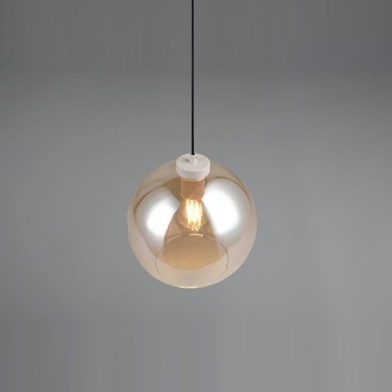 Lampadario a sospensione per sala da pranzo moderno sferico in vetro ambra con montatura beige caldo