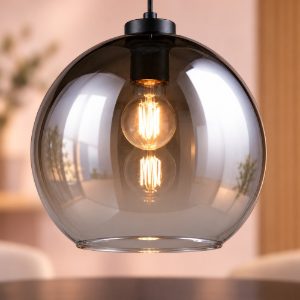 Lampadario a sospensione per sala da pranzo moderno sferico in vetro fume con montatura nera
