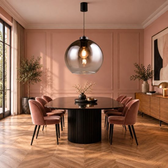 Lampadario a sospensione per sala da pranzo moderno sferico in vetro fume con montatura nera