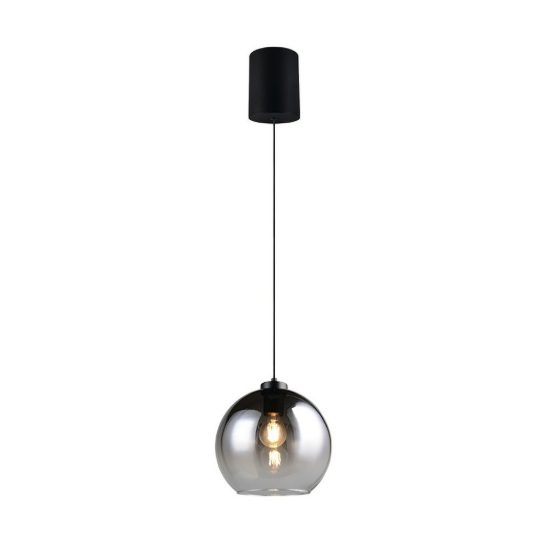 Lampadario a sospensione per sala da pranzo moderno sferico in vetro fume con montatura nera