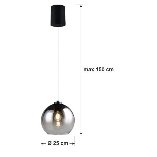 Lampadario a sospensione per sala da pranzo moderno sferico in vetro fume con montatura nera