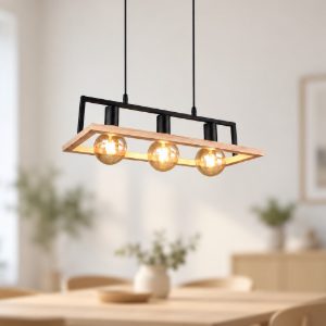 Lampadario a sospensione 3 luci per sala da pranzo in metallo nero legno naturale