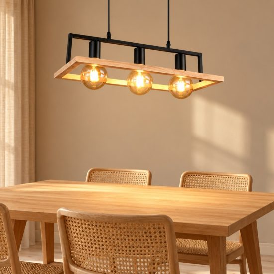Lampadario a sospensione 3 luci per sala da pranzo in metallo nero legno naturale