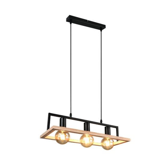 Lampadario a sospensione 3 luci per sala da pranzo in metallo nero legno naturale