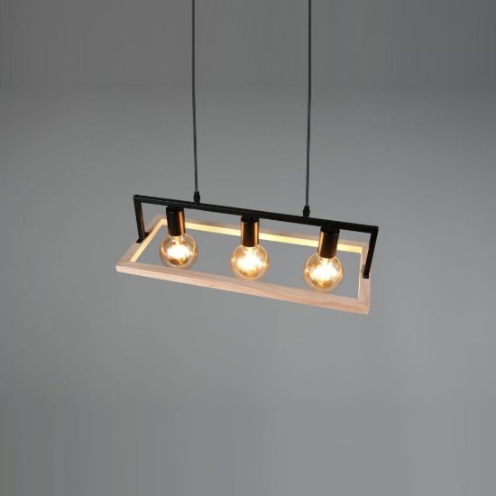Lampadario a sospensione 3 luci per sala da pranzo in metallo nero legno naturale