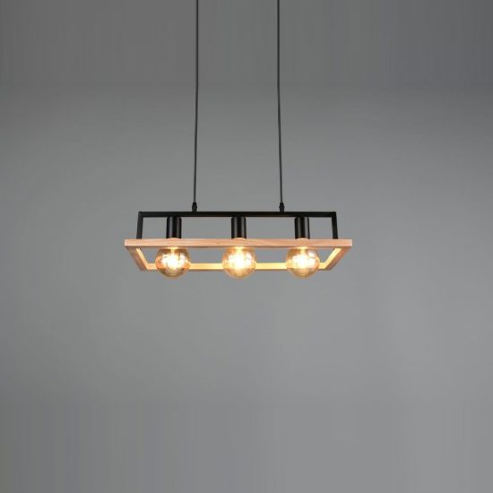 Lampadario a sospensione 3 luci per sala da pranzo in metallo nero legno naturale