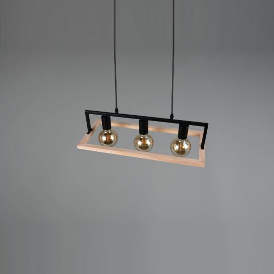 Lampadario a sospensione 3 luci per sala da pranzo in metallo nero legno naturale