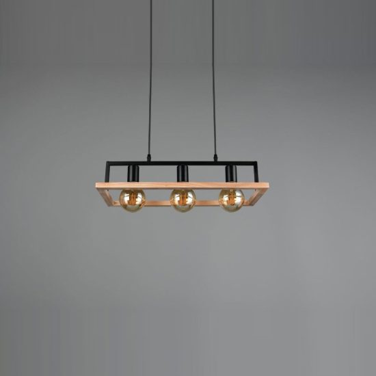 Lampadario a sospensione 3 luci per sala da pranzo in metallo nero legno naturale