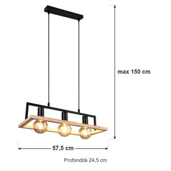 Lampadario a sospensione 3 luci per sala da pranzo in metallo nero legno naturale