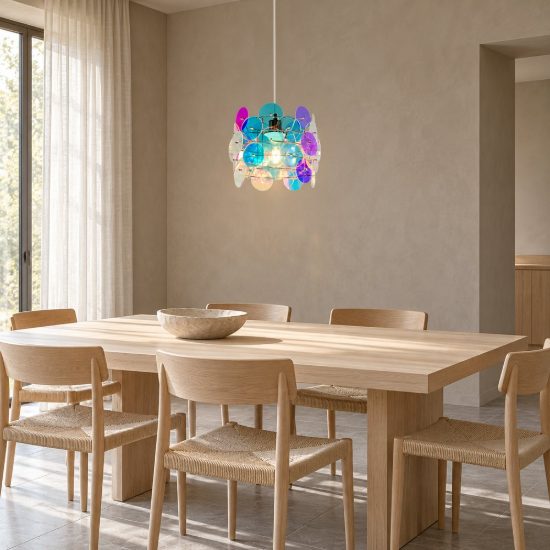 Lampadario a sospensione per soggiorno moderno cromo con diffusori iridescenti