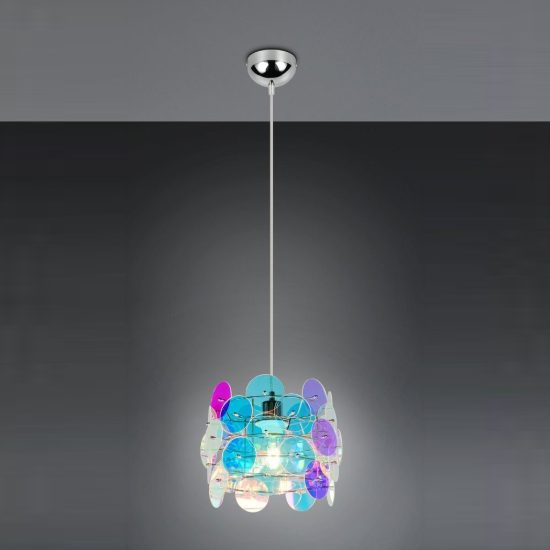 Lampadario a sospensione per soggiorno moderno cromo con diffusori iridescenti