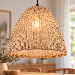 Lampadario a sospensione per soggiorno con paralume in tessuto naturale montatura nera