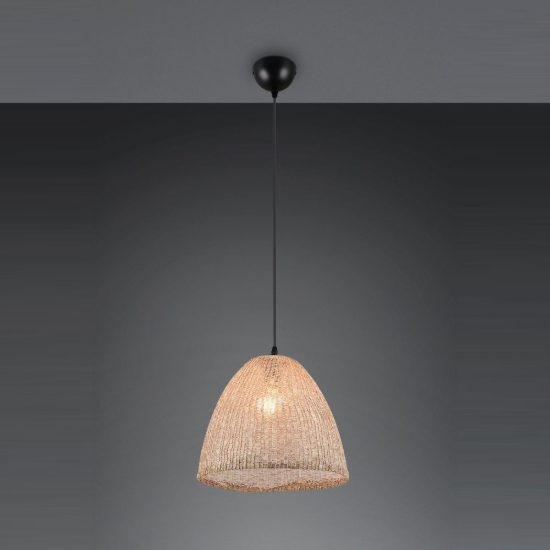 Lampadario a sospensione per soggiorno con paralume in tessuto naturale montatura nera