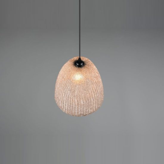 Lampadario a sospensione per soggiorno con paralume in tessuto naturale montatura nera