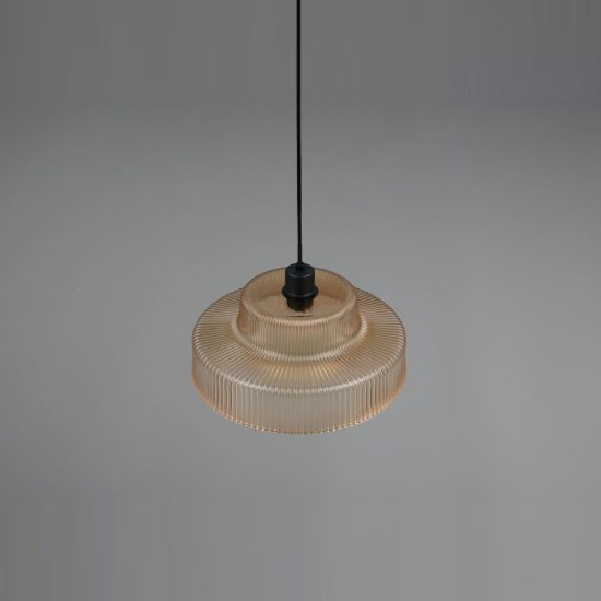 Lampadario a sospensione per soggiorno in vetro rigato ambra con montatura nera