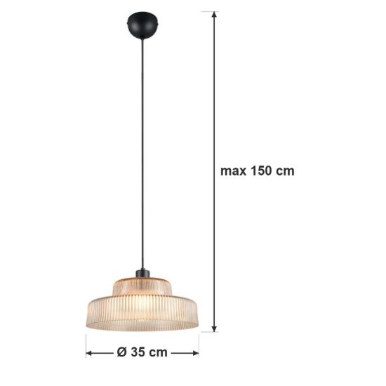 Lampadario a sospensione per soggiorno in vetro rigato ambra con montatura nera