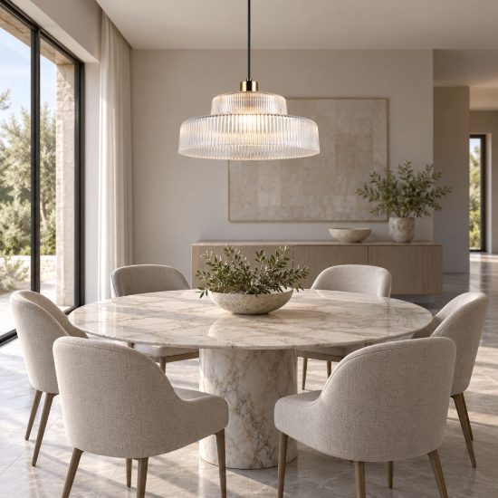 Lampadario a sospensione per sala da pranzo in vetro rigato trasparente con montatura ottone satinato