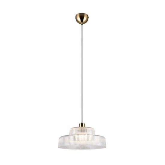 Lampadario a sospensione per sala da pranzo in vetro rigato trasparente con montatura ottone satinato
