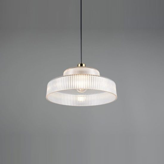 Lampadario a sospensione per sala da pranzo in vetro rigato trasparente con montatura ottone satinato
