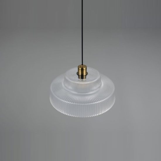 Lampadario a sospensione per sala da pranzo in vetro rigato trasparente con montatura ottone satinato