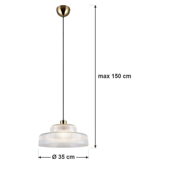 Lampadario a sospensione per sala da pranzo in vetro rigato trasparente con montatura ottone satinato
