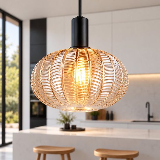 Lampadario a sospensione per cucina moderno nero con vetro lavorato ambra