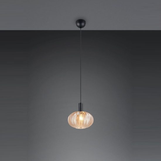 Lampadario a sospensione per cucina moderno nero con vetro lavorato ambra