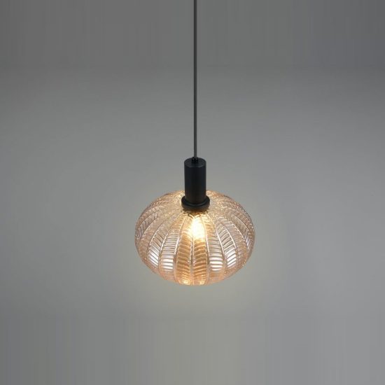 Lampadario a sospensione per cucina moderno nero con vetro lavorato ambra