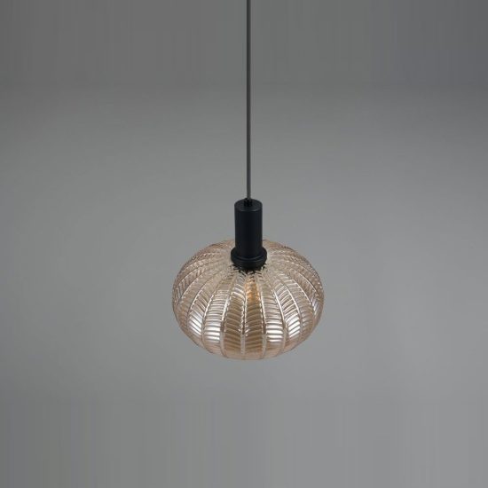 Lampadario a sospensione per cucina moderno nero con vetro lavorato ambra