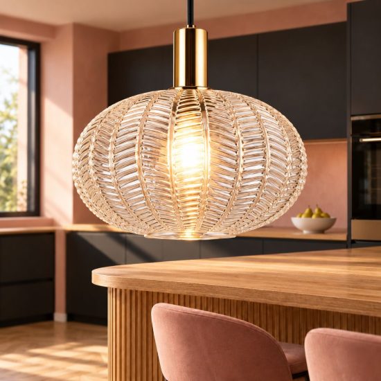 Lampadario a sospensione per cucina moderno ottone satinato con vetro lavorato trasparente