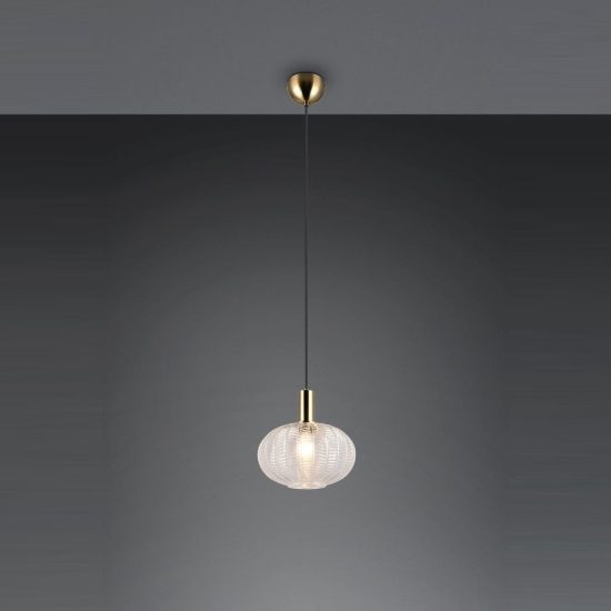 Lampadario a sospensione per cucina moderno ottone satinato con vetro lavorato trasparente