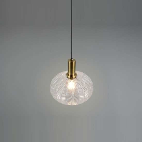 Lampadario a sospensione per cucina moderno ottone satinato con vetro lavorato trasparente